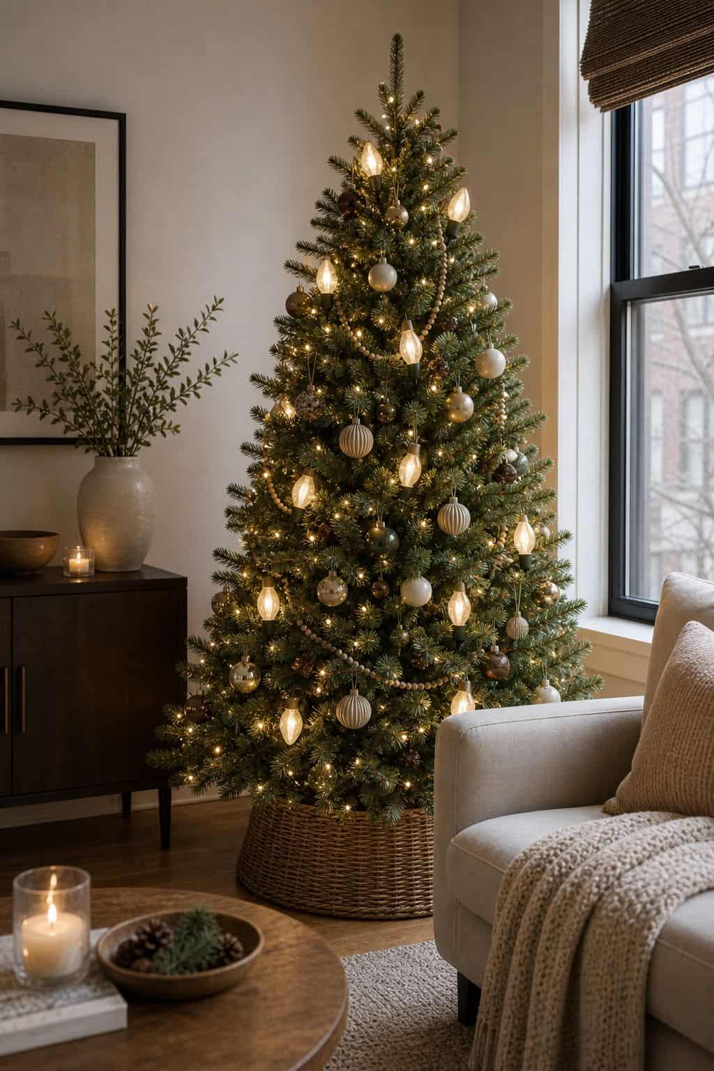 Add Oversized C7 or C9 Bulbs as Statement Lights small apartment idea for Top 17 Christmas Tree Decor Ideas for Small Apartments.