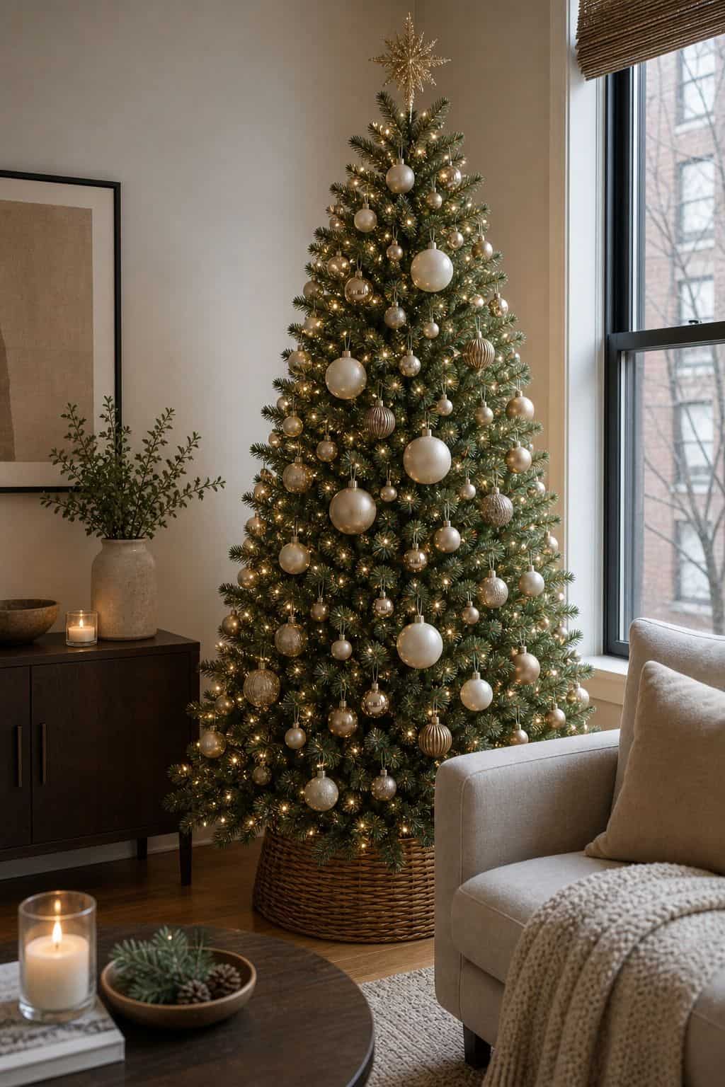 Use Three Sizes of Ornaments small apartment idea for Top 17 Christmas Tree Decor Ideas for Small Apartments.