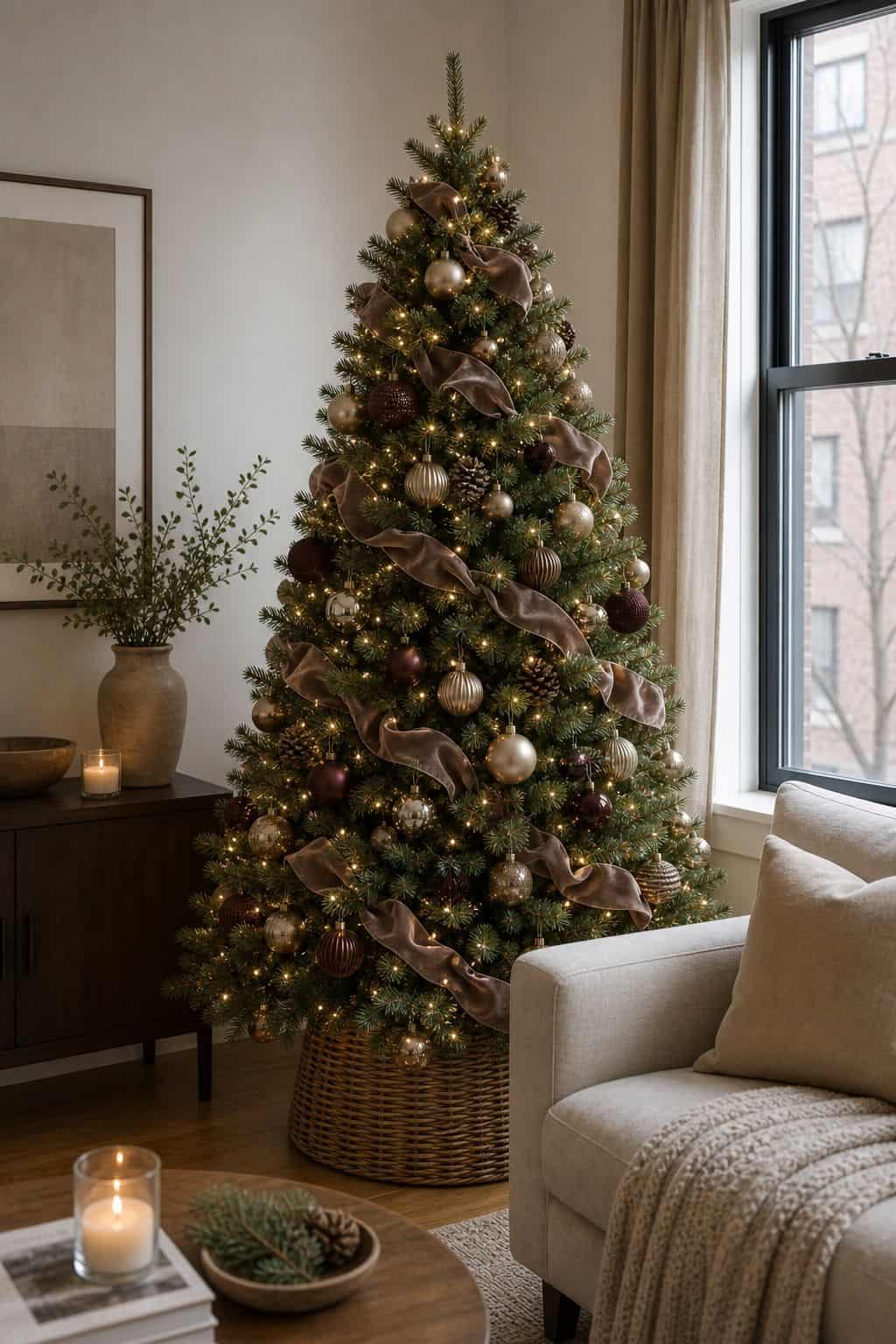 Wrap Velvet Ribbon Through the Branches small apartment idea for Top 17 Christmas Tree Decor Ideas for Small Apartments.