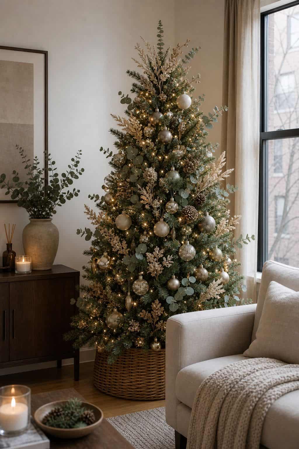 Add Dried Floral Picks or Eucalyptus small apartment idea for Top 17 Christmas Tree Decor Ideas for Small Apartments.