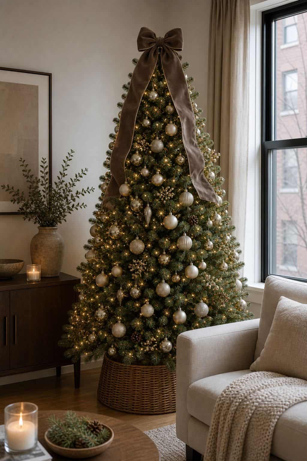 Top With an Oversized Velvet Ribbon Bow small apartment idea for Top 17 Christmas Tree Decor Ideas for Small Apartments.