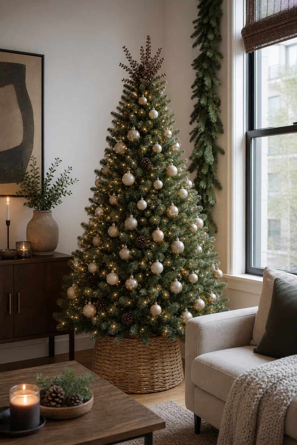 Use a Wood Bucket or Woven Basket for the Base small apartment idea for Top 17 Christmas Tree Decor Ideas for Small Apartments.