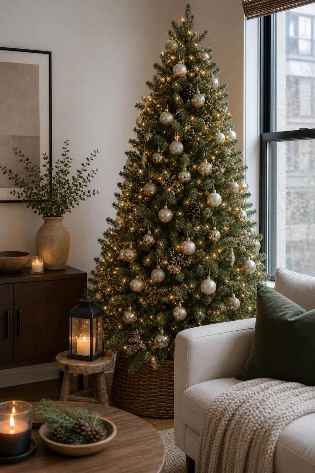Add a Small Wood Stool or Lantern Beside the Tree small apartment idea for Top 17 Christmas Tree Decor Ideas for Small Apartments.