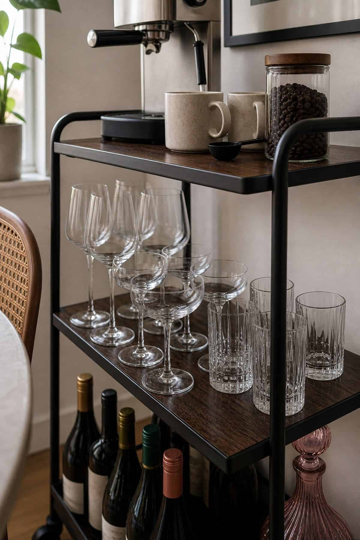 Coffee and wine bar idea with middle tier wine glasses in a small apartment.