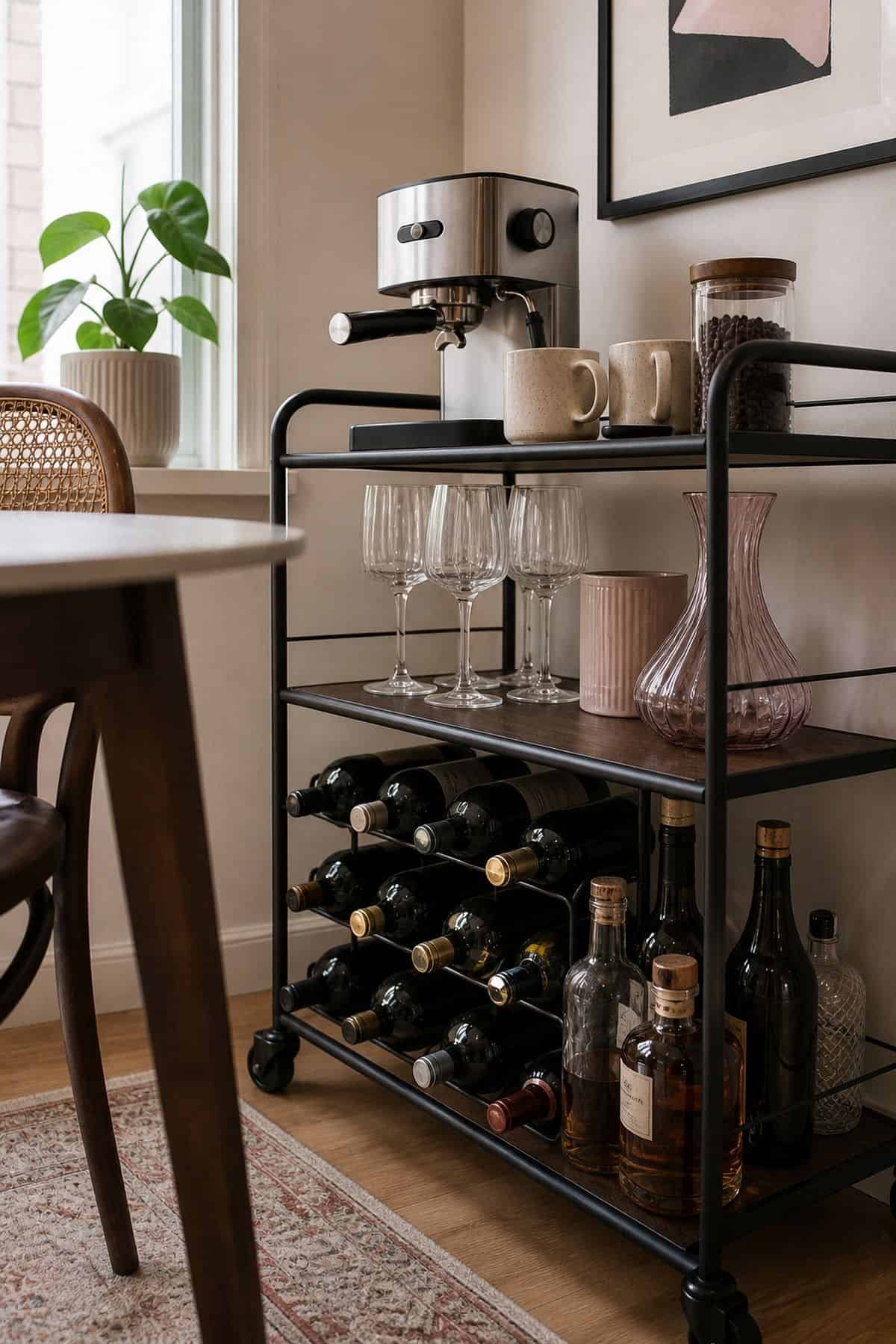 Coffee and wine bar idea with bottom tier bottles in a small apartment.
