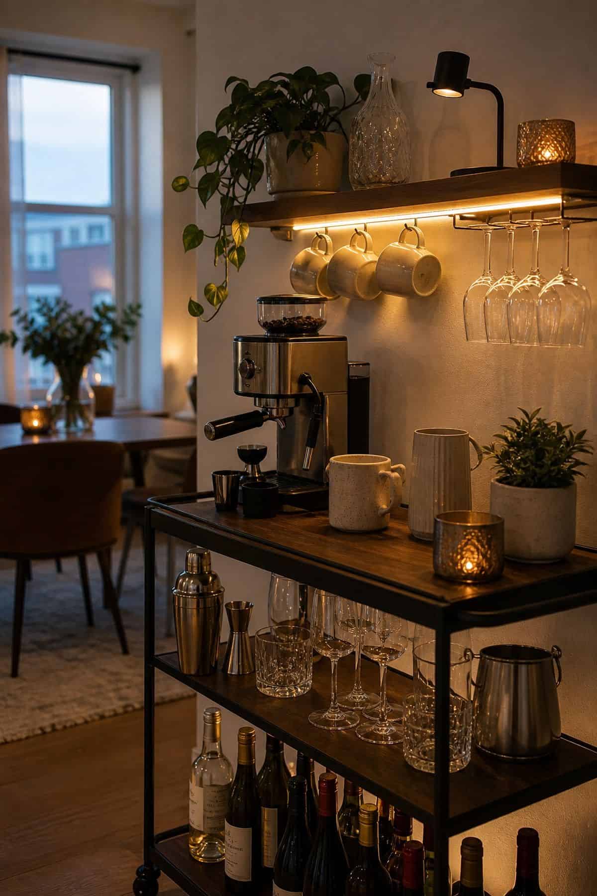 Coffee and wine bar idea with dedicated lighting in a small apartment.