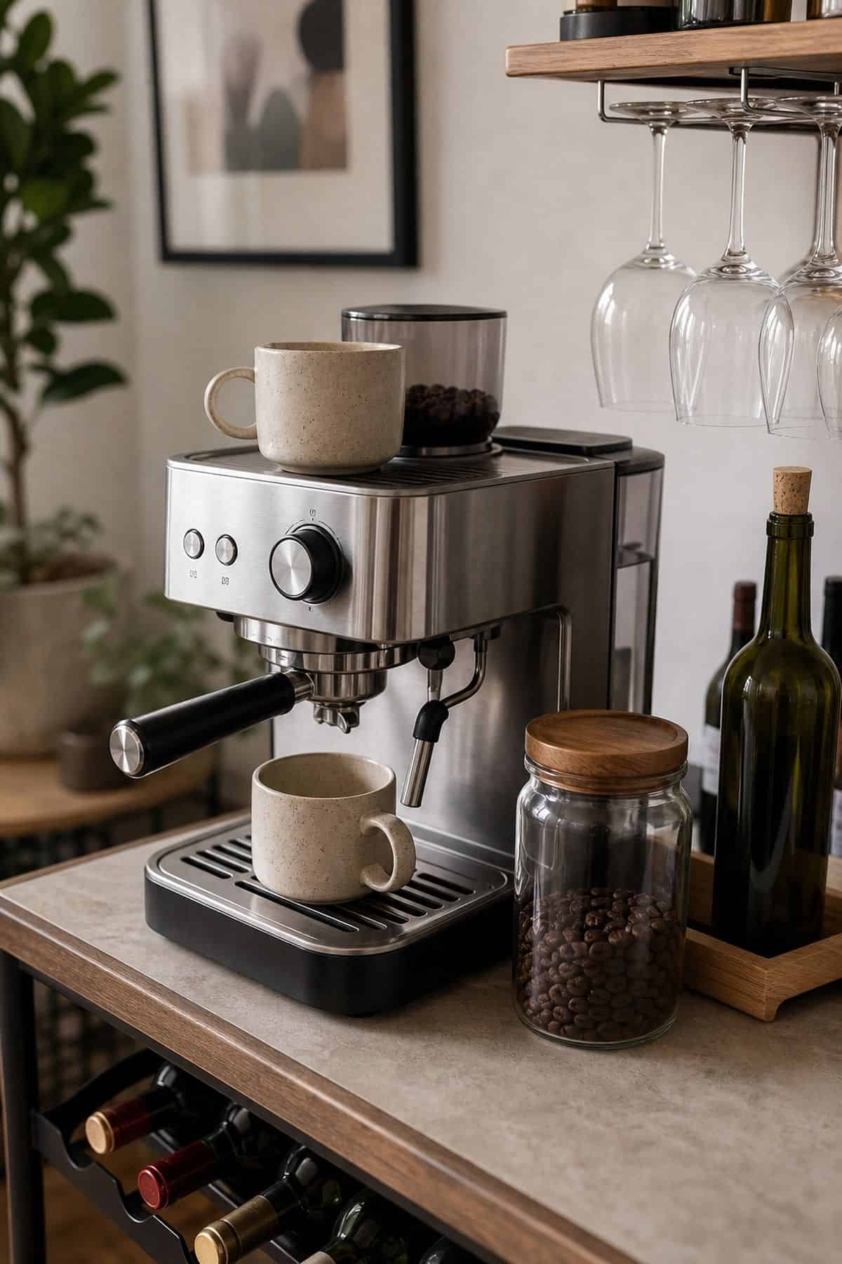 Coffee and wine bar idea with espresso or drip in a small apartment.