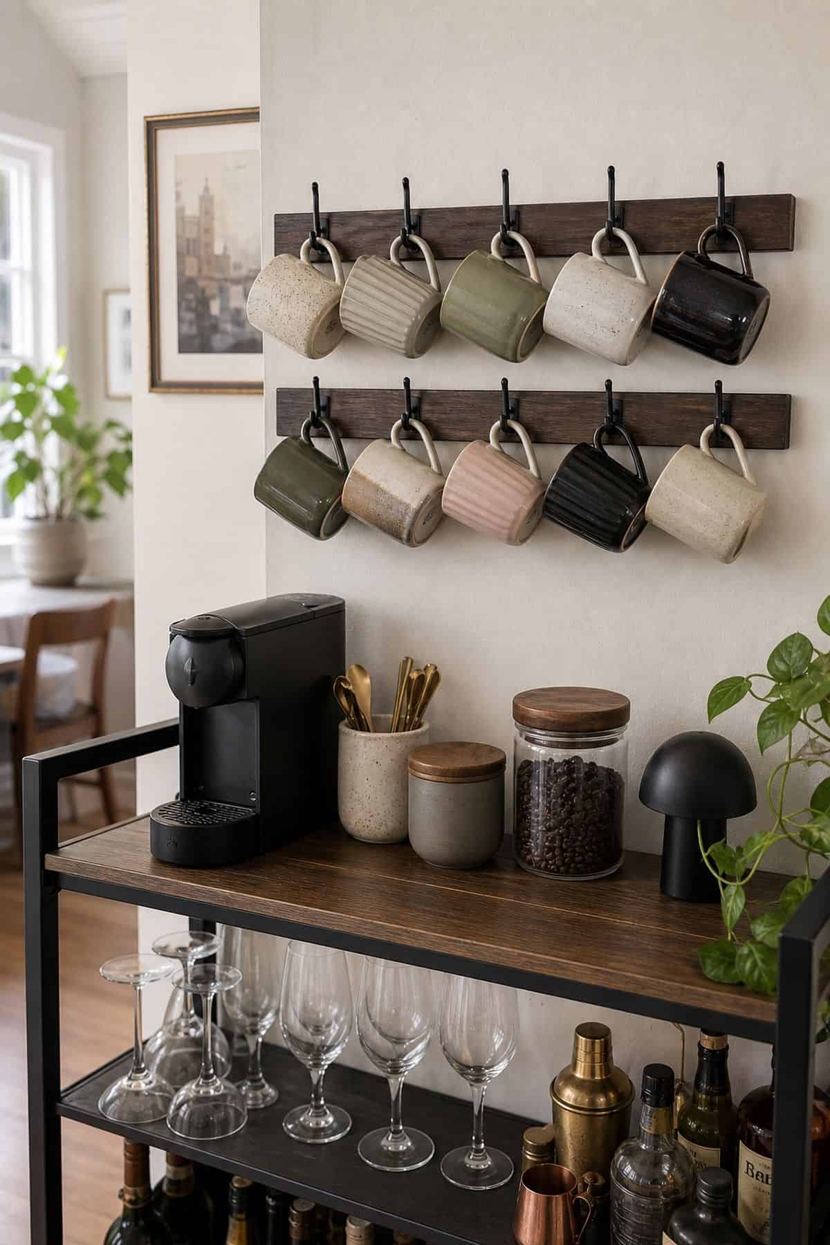 Coffee and wine bar idea with mug rack in a small apartment.