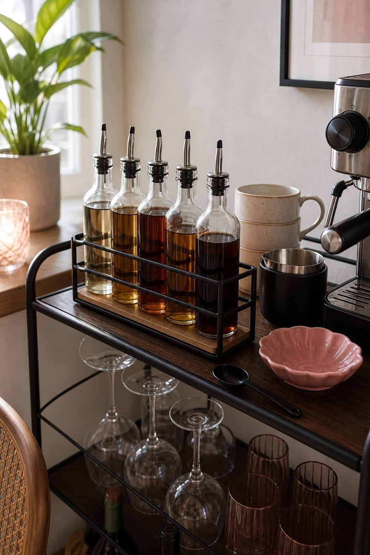 Coffee and wine bar idea with syrup display in a small apartment.