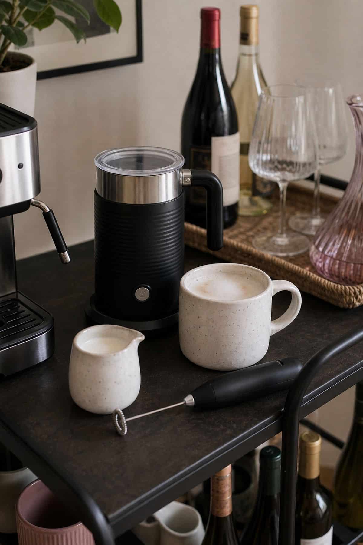 Coffee and wine bar idea with milk frother in a small apartment.