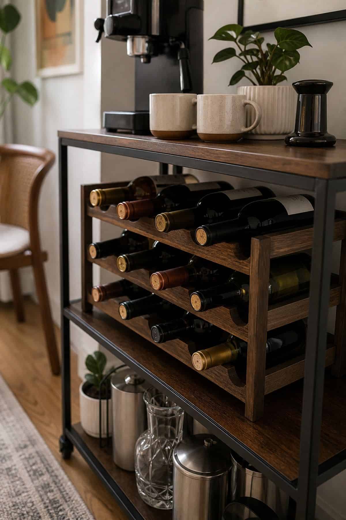 Coffee and wine bar idea with wine rack 6-12 bottles in a small apartment.
