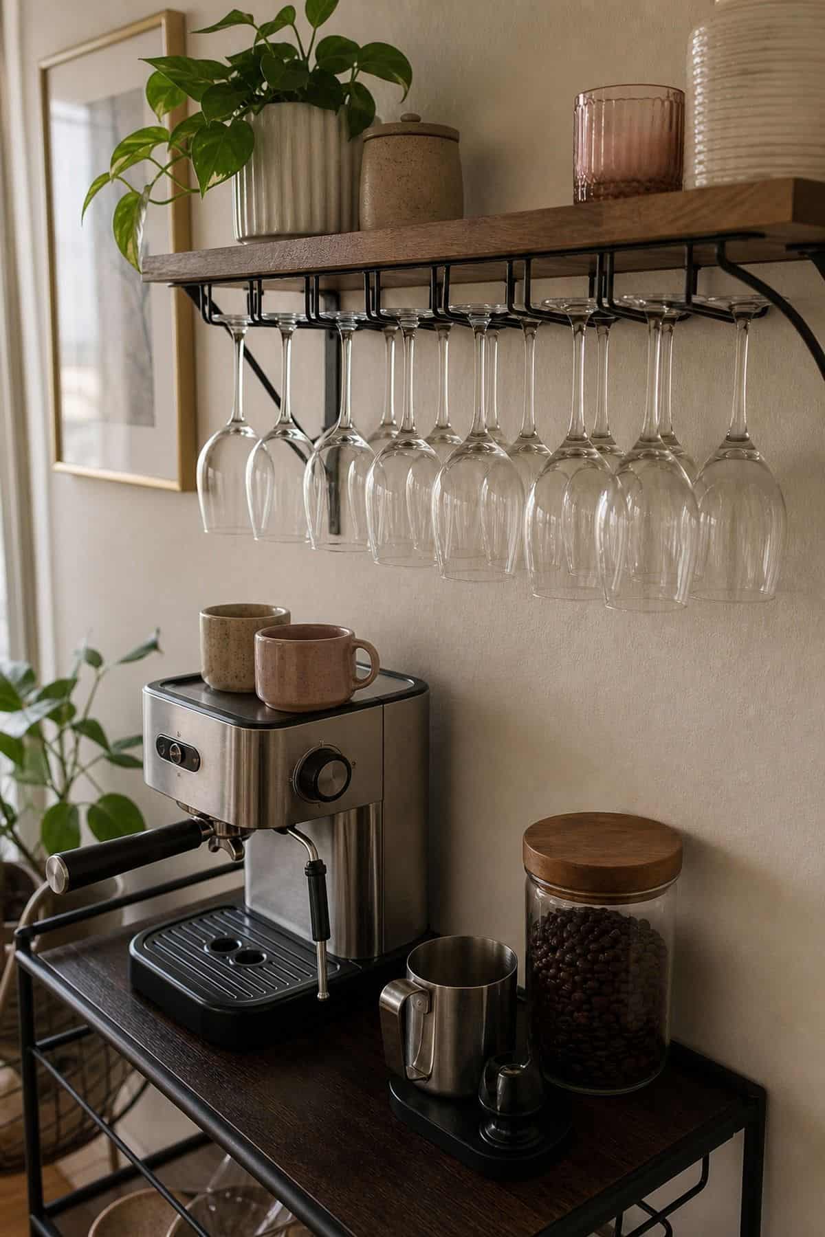 Coffee and wine bar idea with stemware row in a small apartment.