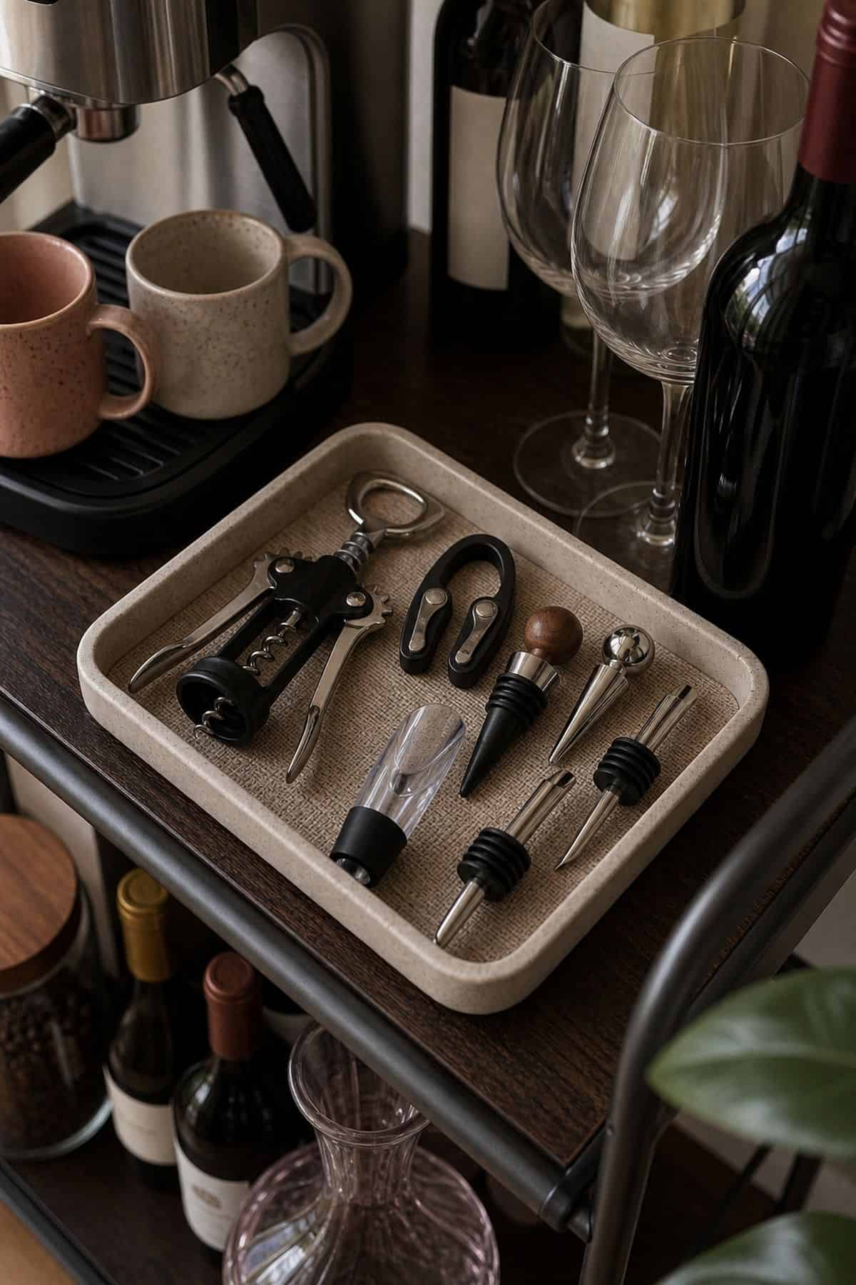 Coffee and wine bar idea with wine accessories in a small apartment.