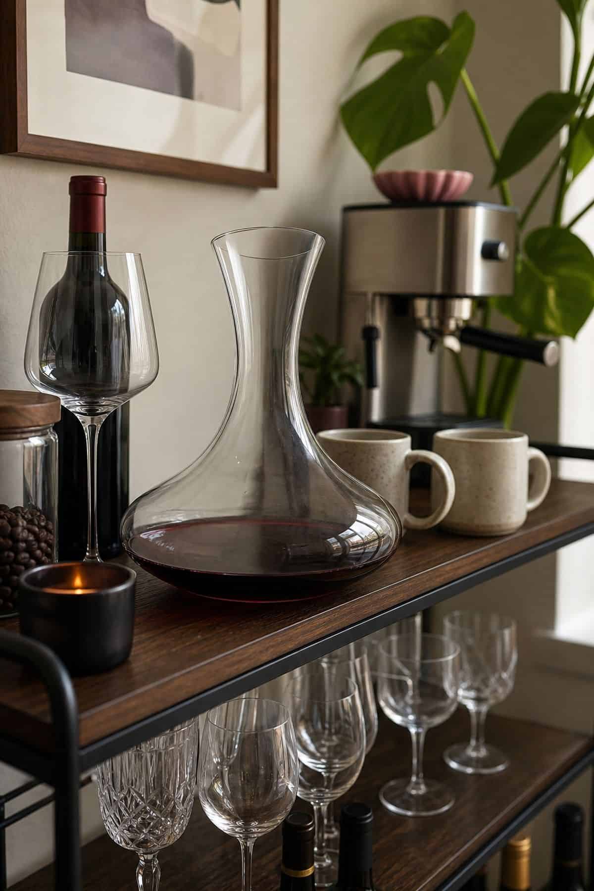 Coffee and wine bar idea with decanter in a small apartment.