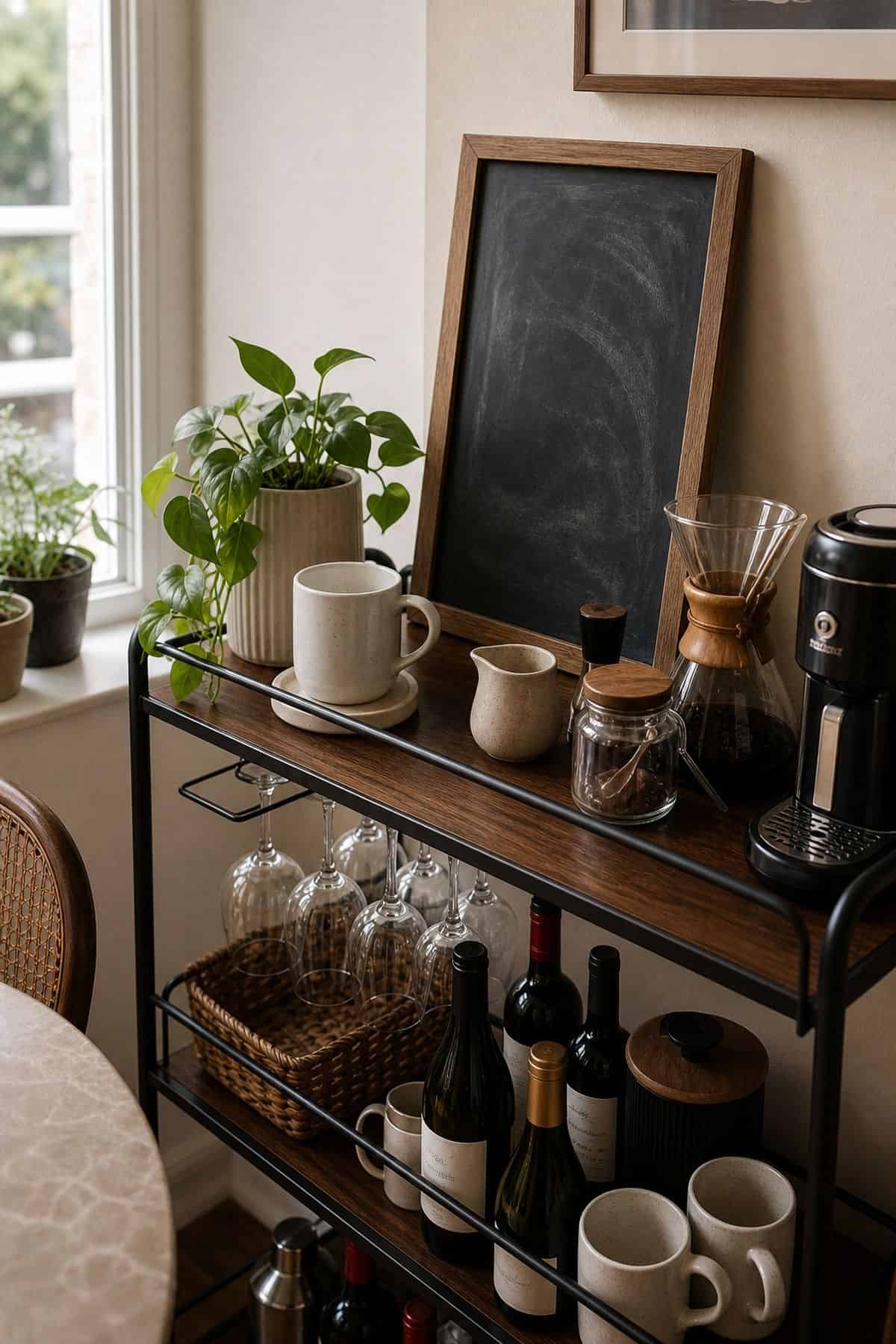 Coffee and wine bar idea with chalkboard menu in a small apartment.