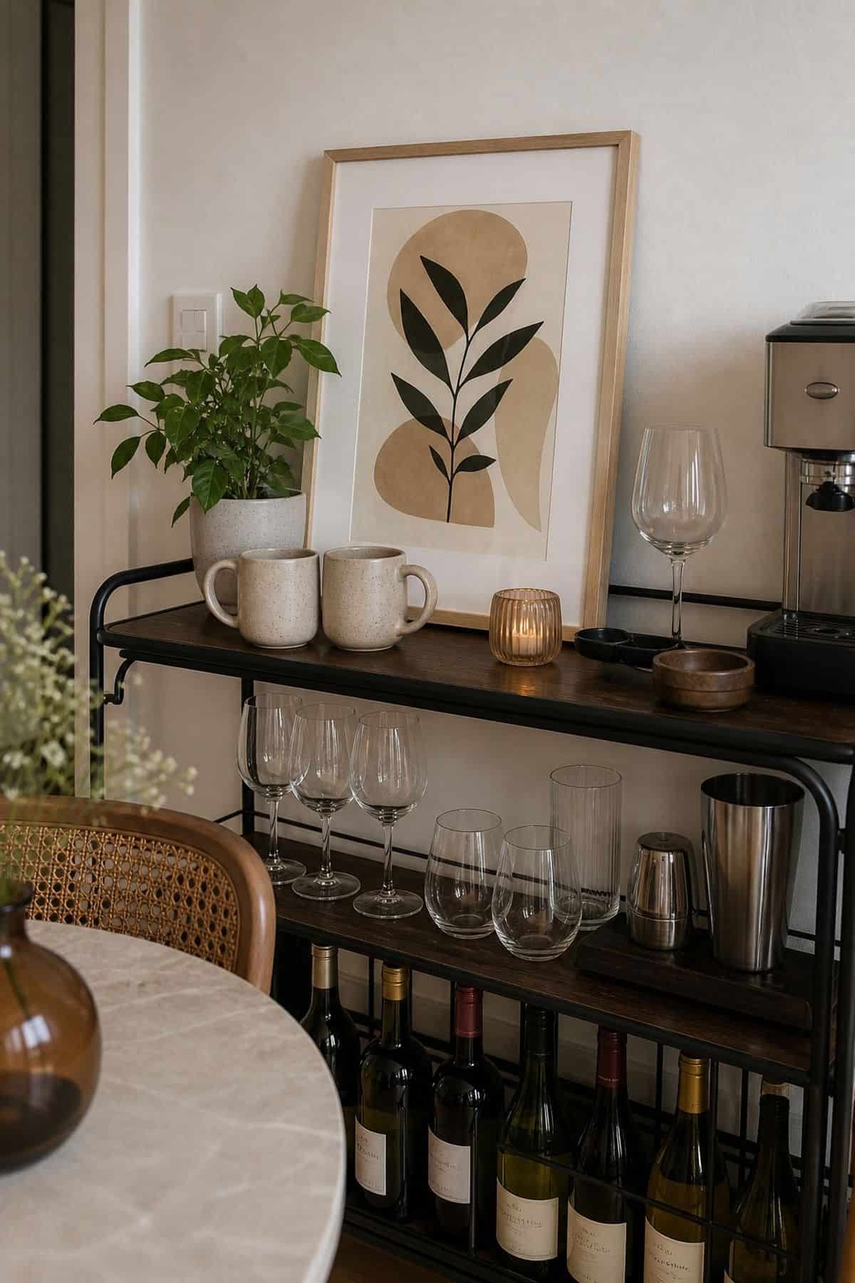 Coffee and wine bar idea with small art in a small apartment.