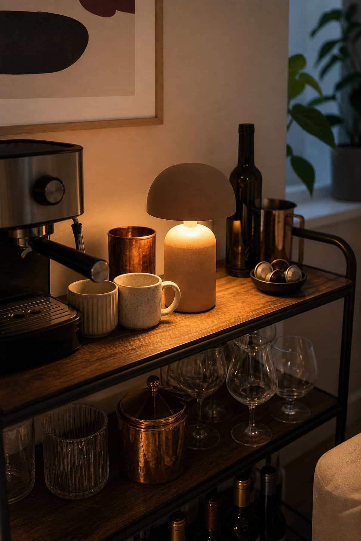 Coffee and wine bar idea with single lamp in a small apartment.