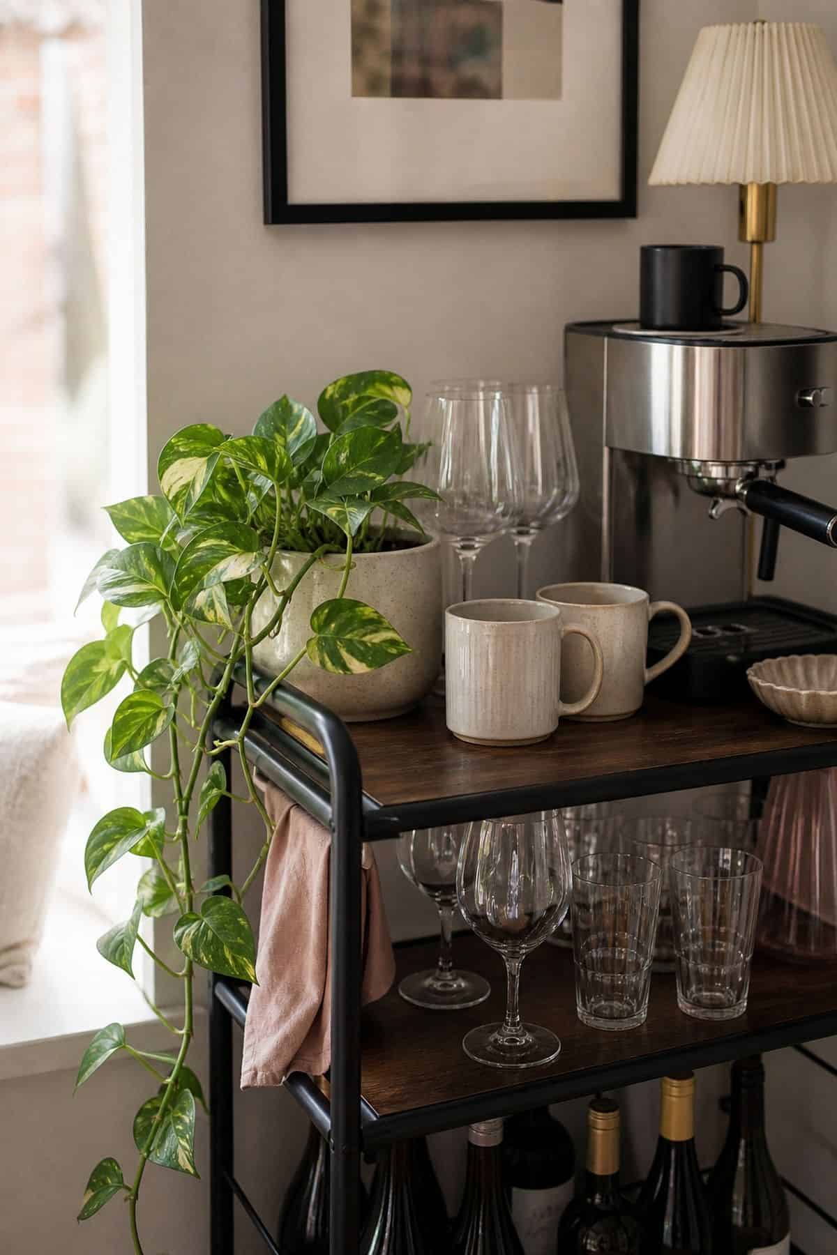 Coffee and wine bar idea with small plant in a small apartment.