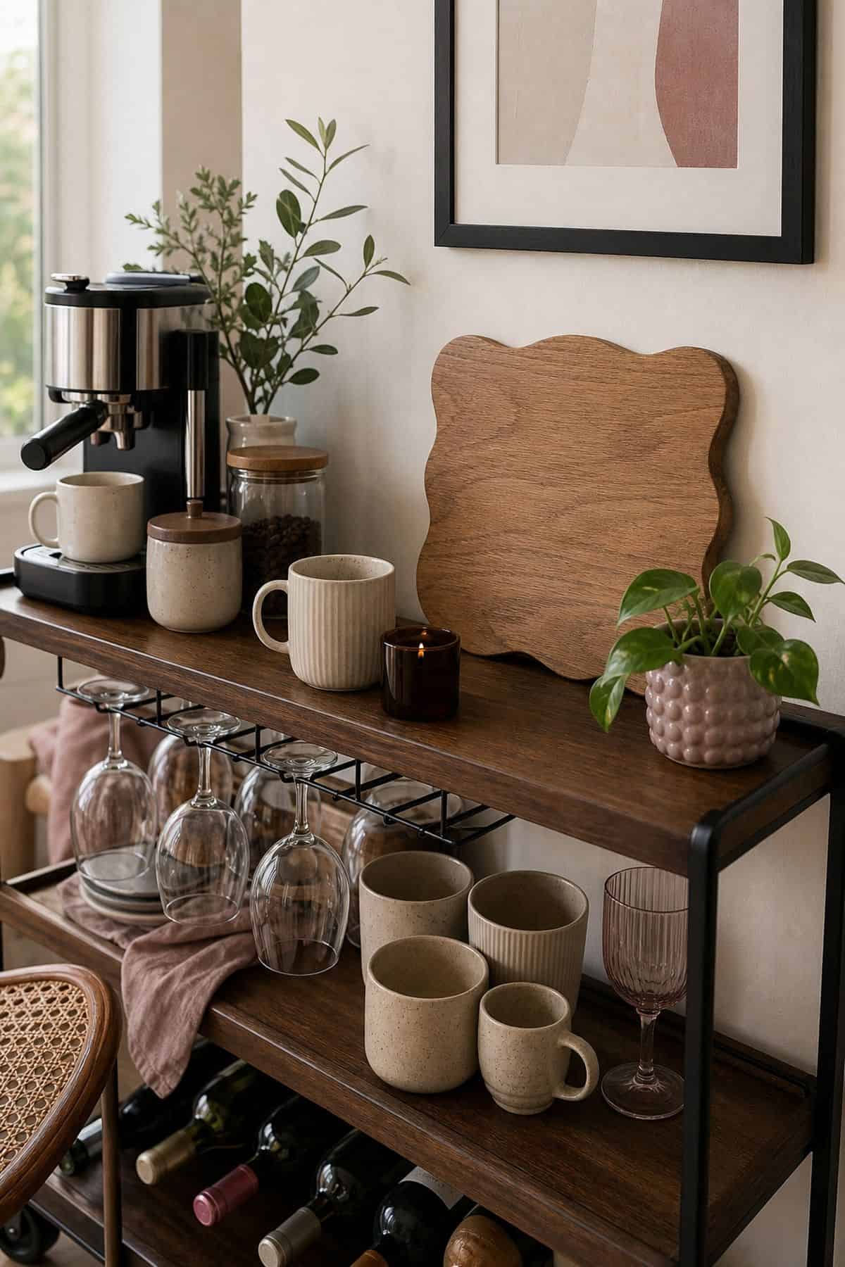 Coffee and wine bar idea with signage wood cut in a small apartment.