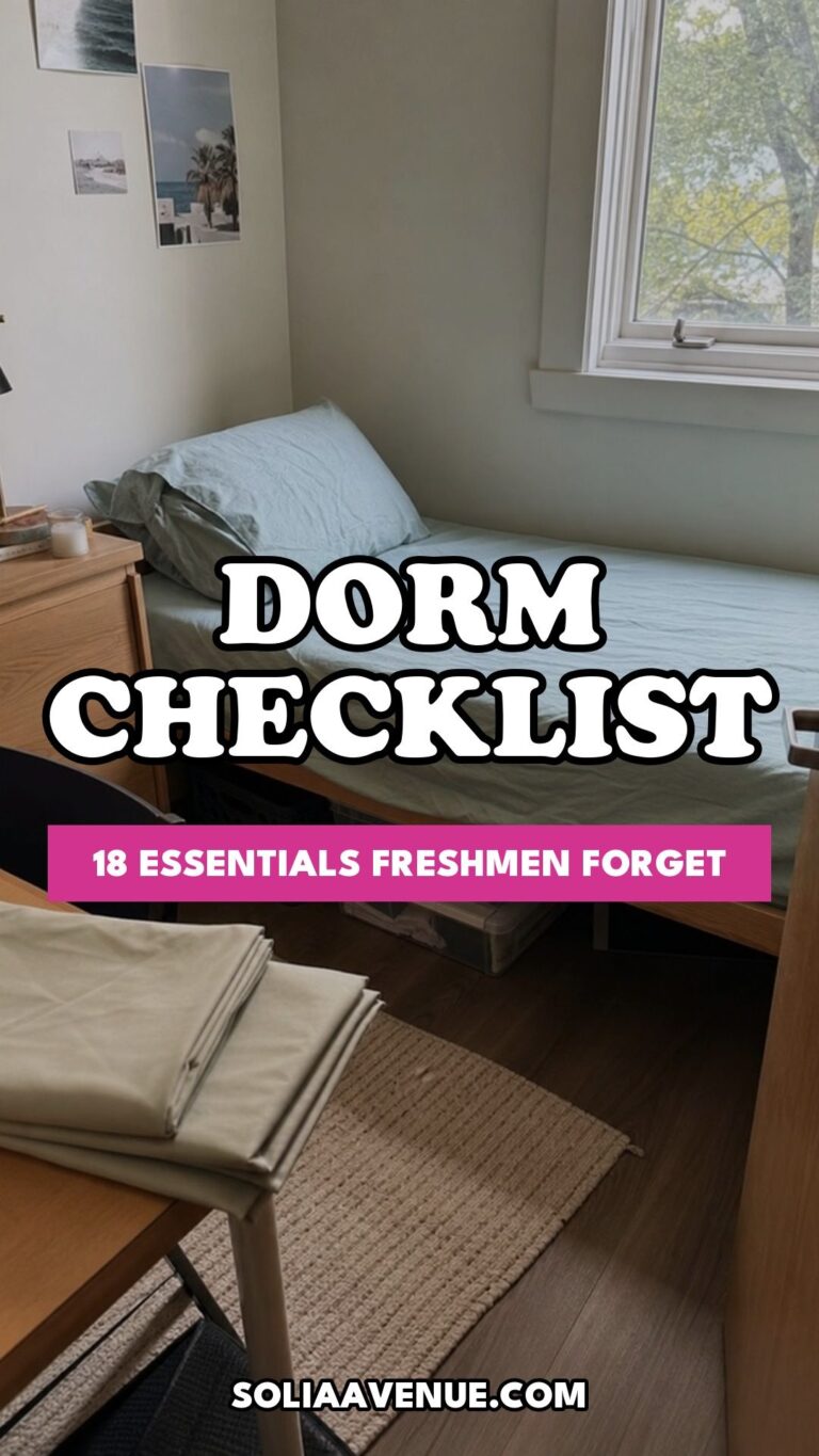 Pinterest pin for The Complete College Dorm Checklist of 18 Essentials Freshmen Forget from Solia Avenue.