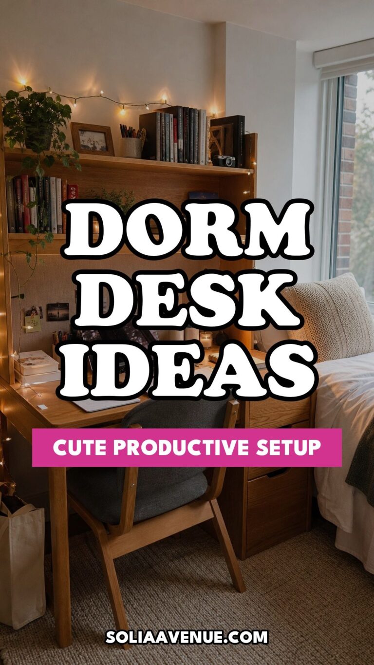 Pinterest pin for Top 17 College Dorm Desk Ideas for a Cute Productive Setup from Solia Avenue.