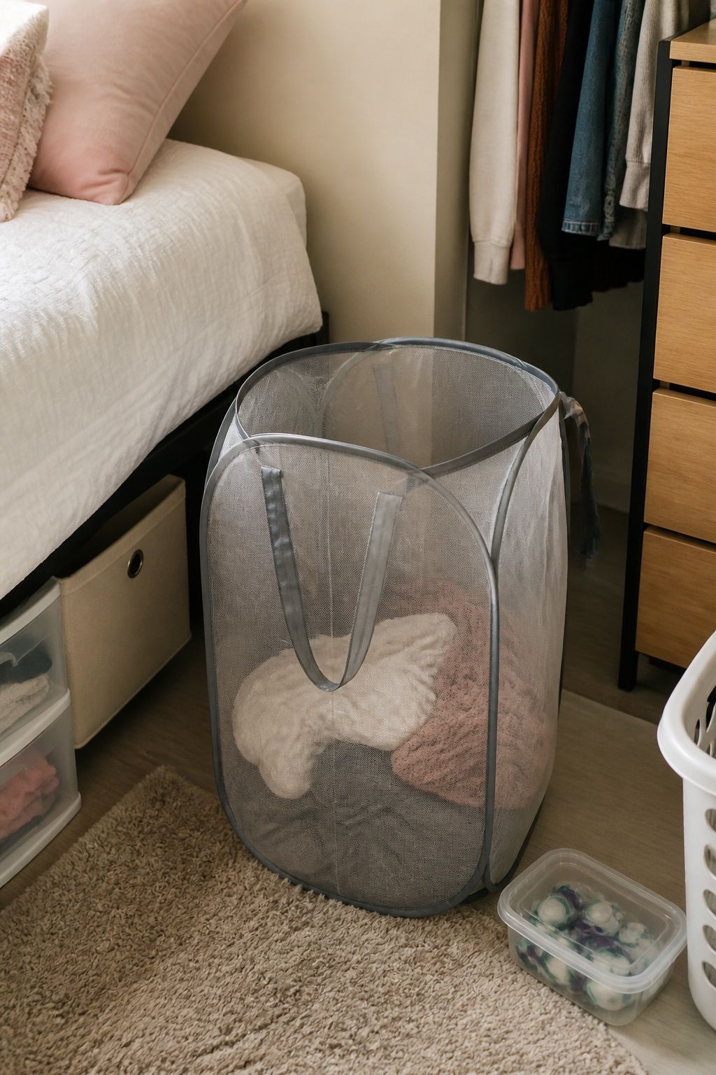 Pop-Up Hamper small apartment idea for Top 18 College Dorm Essentials You Will Use Every Single Day.