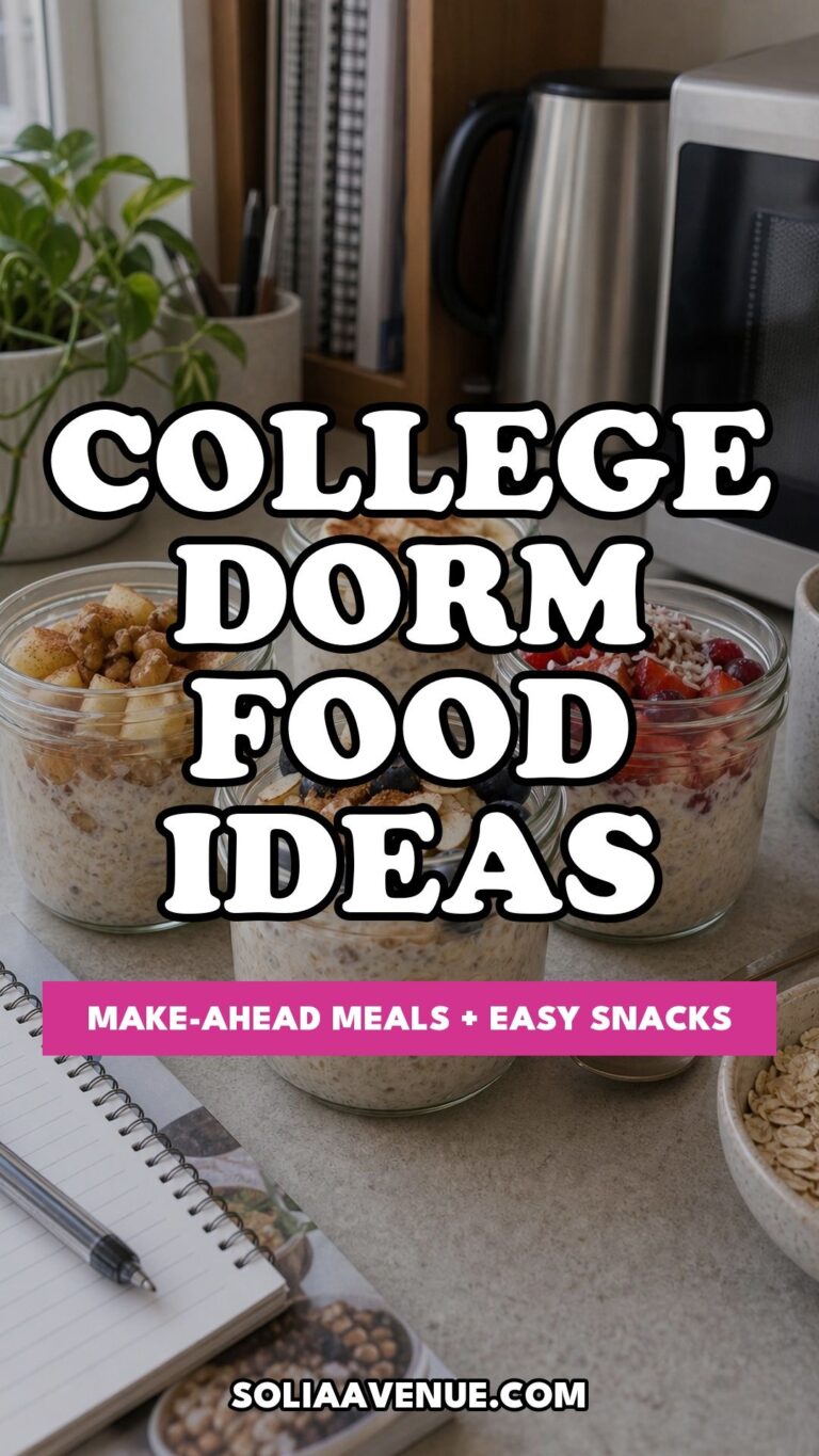Pinterest pin for Top 17 College Dorm Food Ideas for Make-Ahead Meals and Easy Snacks from Solia Avenue.