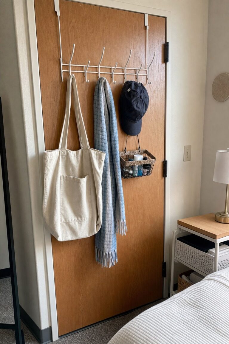Over-the-Door Rack small apartment idea for Top 17 College Dorm Organization Ideas That Actually Save Space.