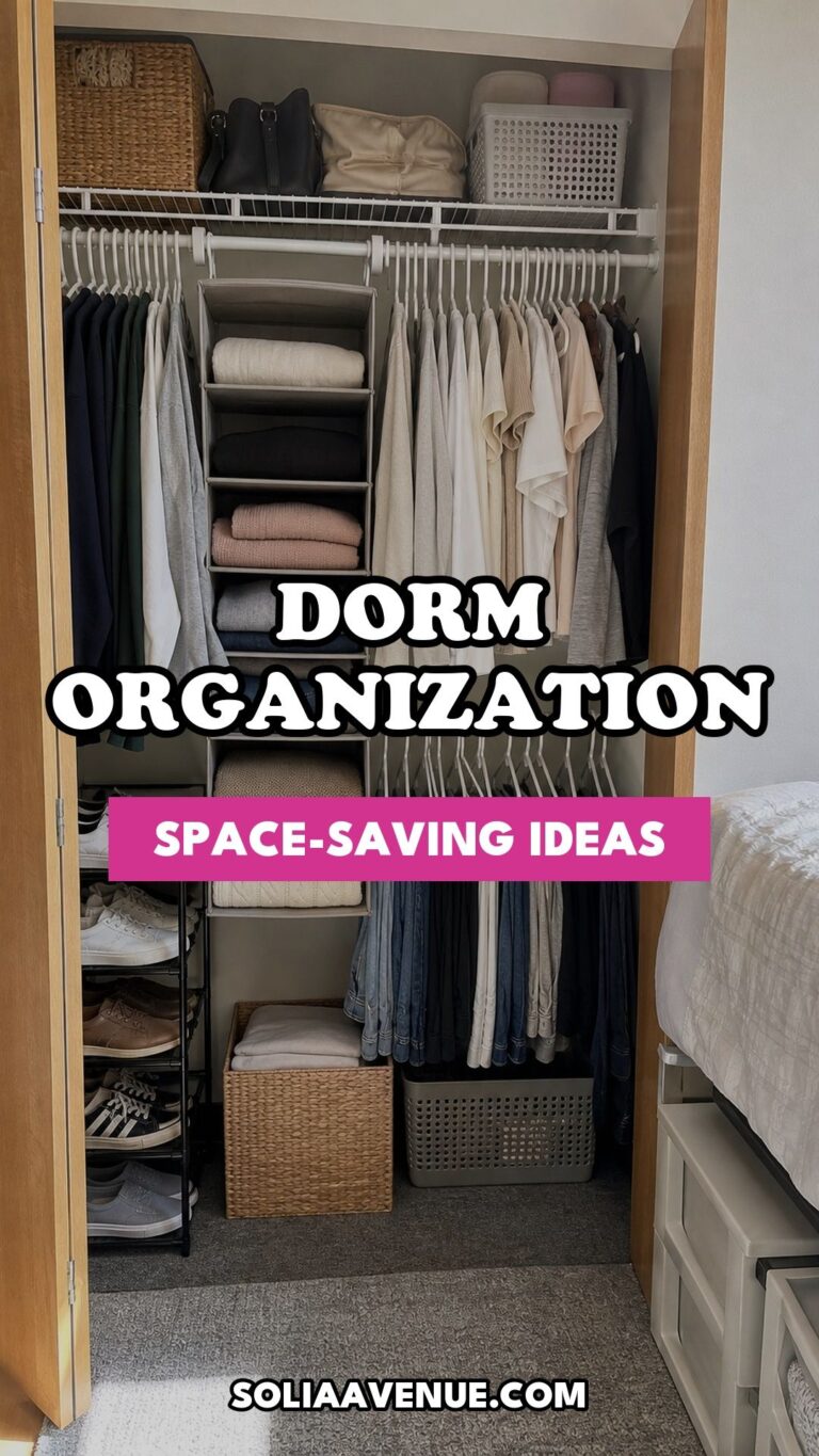 Pinterest pin for Top 17 College Dorm Organization Ideas That Actually Save Space from Solia Avenue.