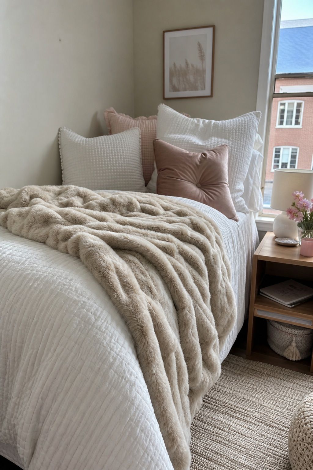 Faux Fur Throw small apartment idea for Top 17 College Dorm Room Ideas for Girls That Feel Cute and Cozy.
