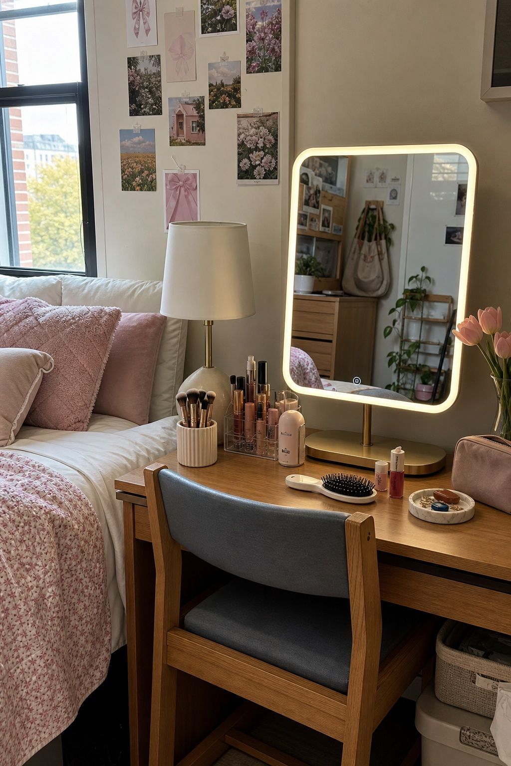 Vanity Mirror small apartment idea for Top 17 College Dorm Room Ideas for Girls That Feel Cute and Cozy.
