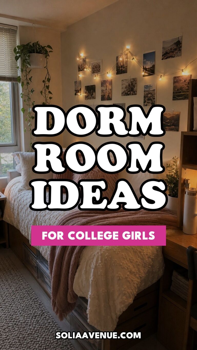Pinterest pin for Top 17 College Dorm Room Ideas for Girls That Feel Cute and Cozy from Solia Avenue.