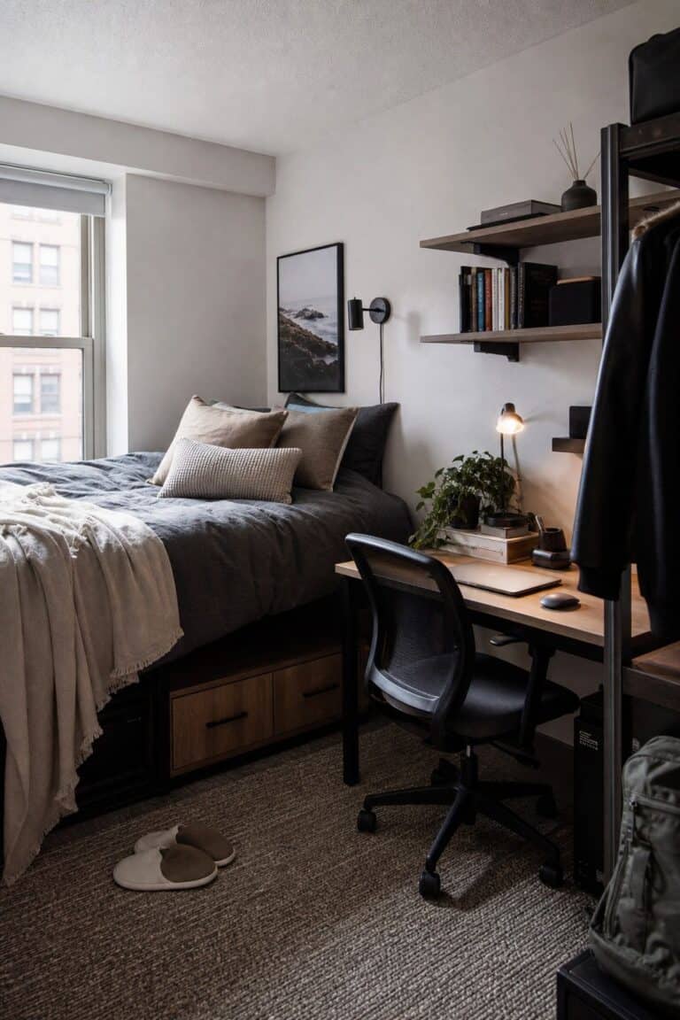 Lock a Neutral Color Palette small apartment idea for Top 18 College Dorm Room Ideas for Guys That Read Cool and Minimalist.