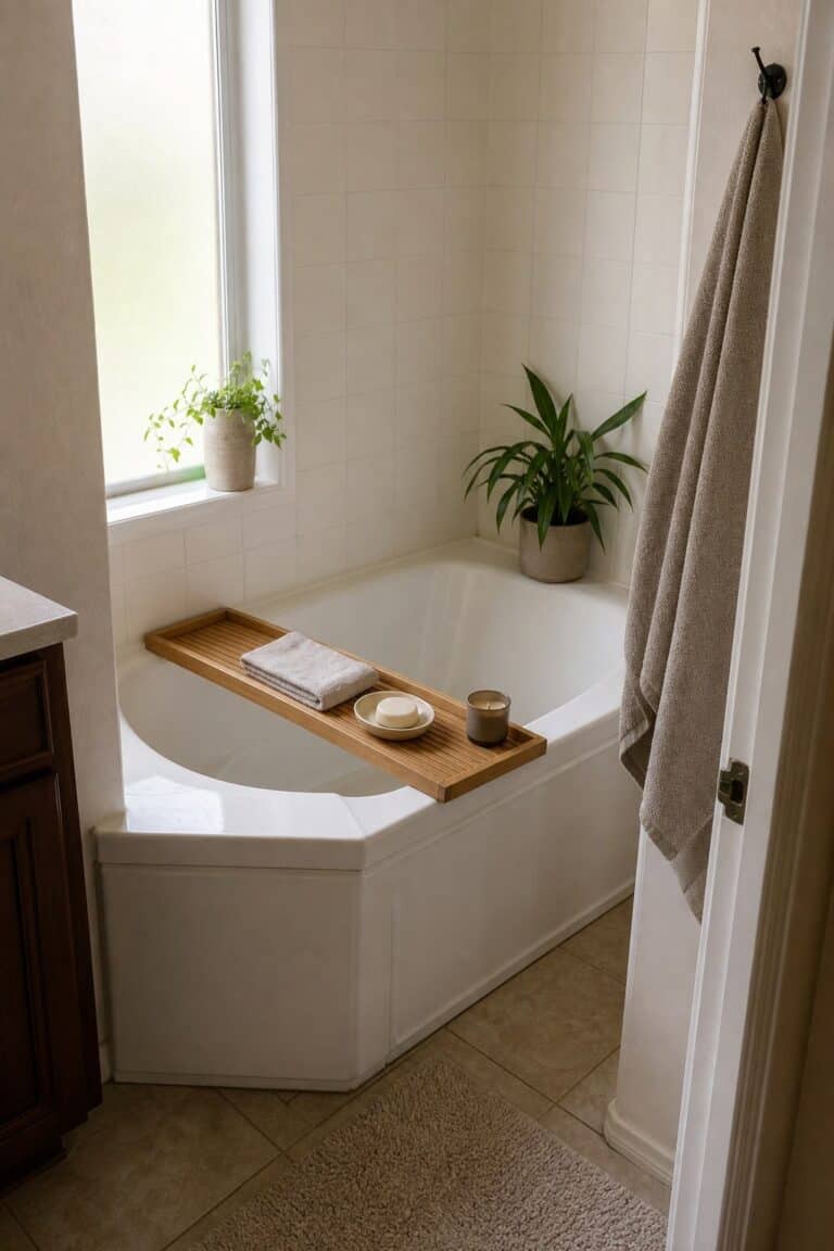 Bamboo Tray small apartment idea for Top 16 Corner Bathtub Decor Ideas for Small Apartments.