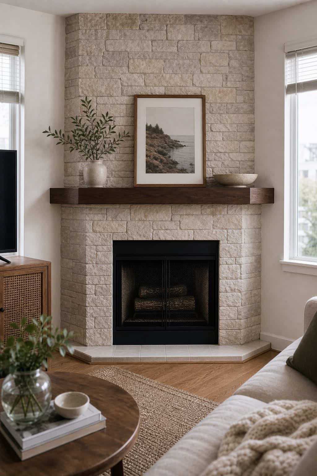 Stone Surround Styling small apartment idea for Top 17 Corner Fireplace Decor Ideas for Small Apartments.
