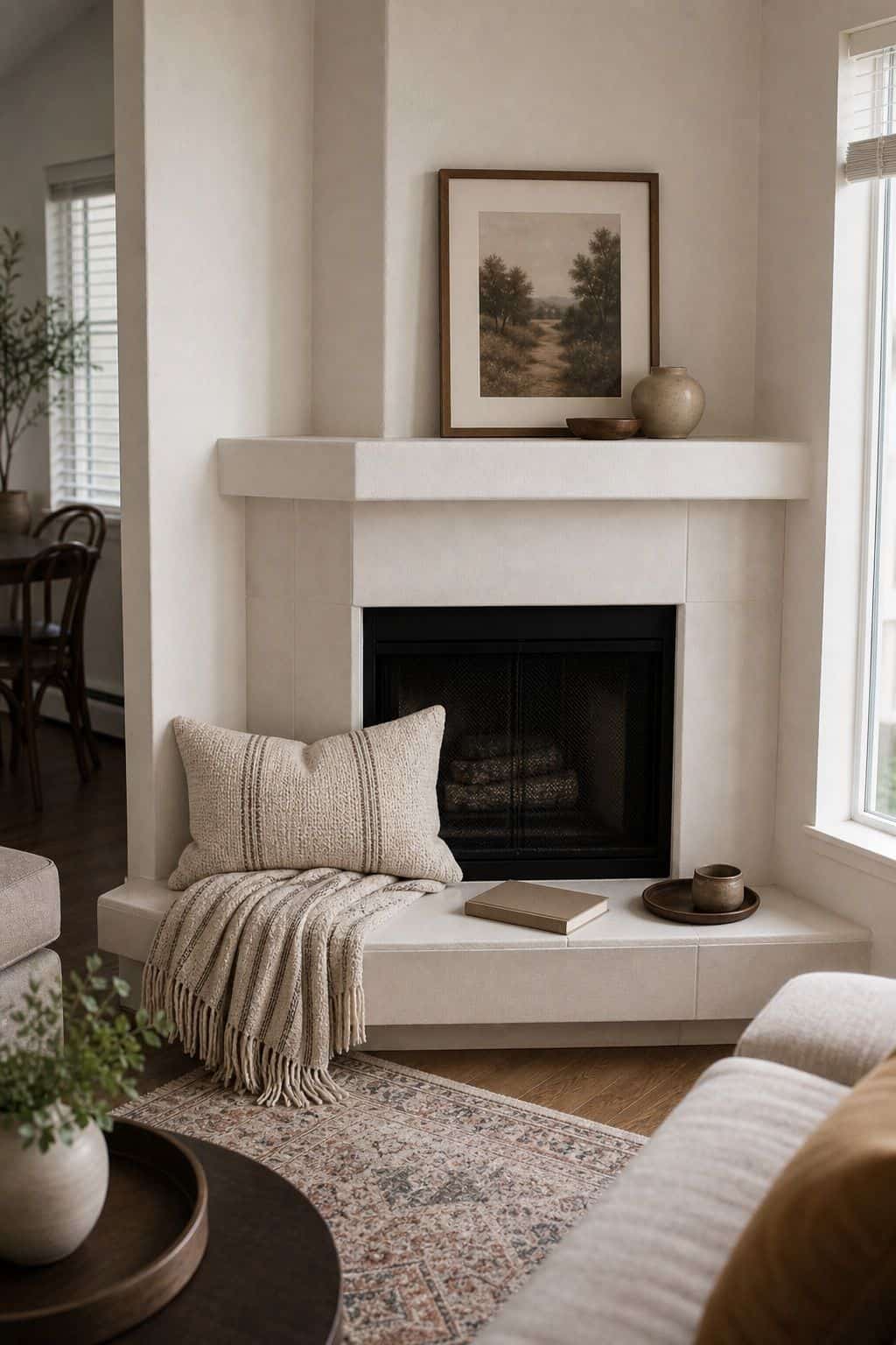 Hearth as Bench small apartment idea for Top 17 Corner Fireplace Decor Ideas for Small Apartments.