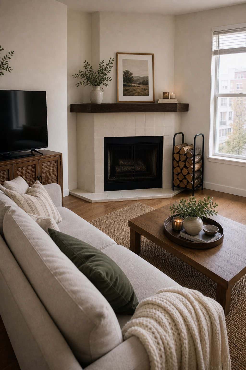 Angled Sofa small apartment idea for Top 17 Corner Fireplace Decor Ideas for Small Apartments.