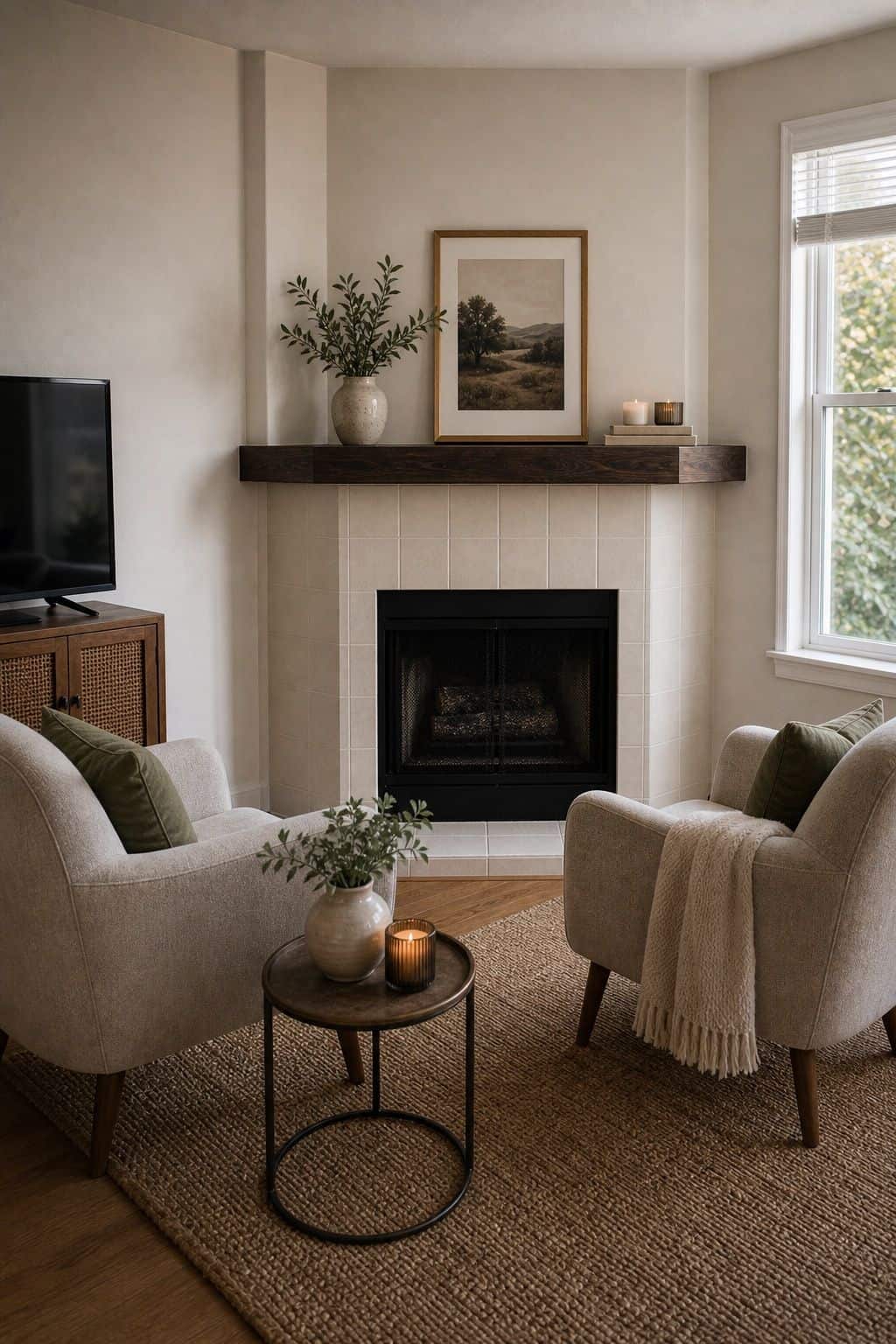 Dual Armchairs small apartment idea for Top 17 Corner Fireplace Decor Ideas for Small Apartments.