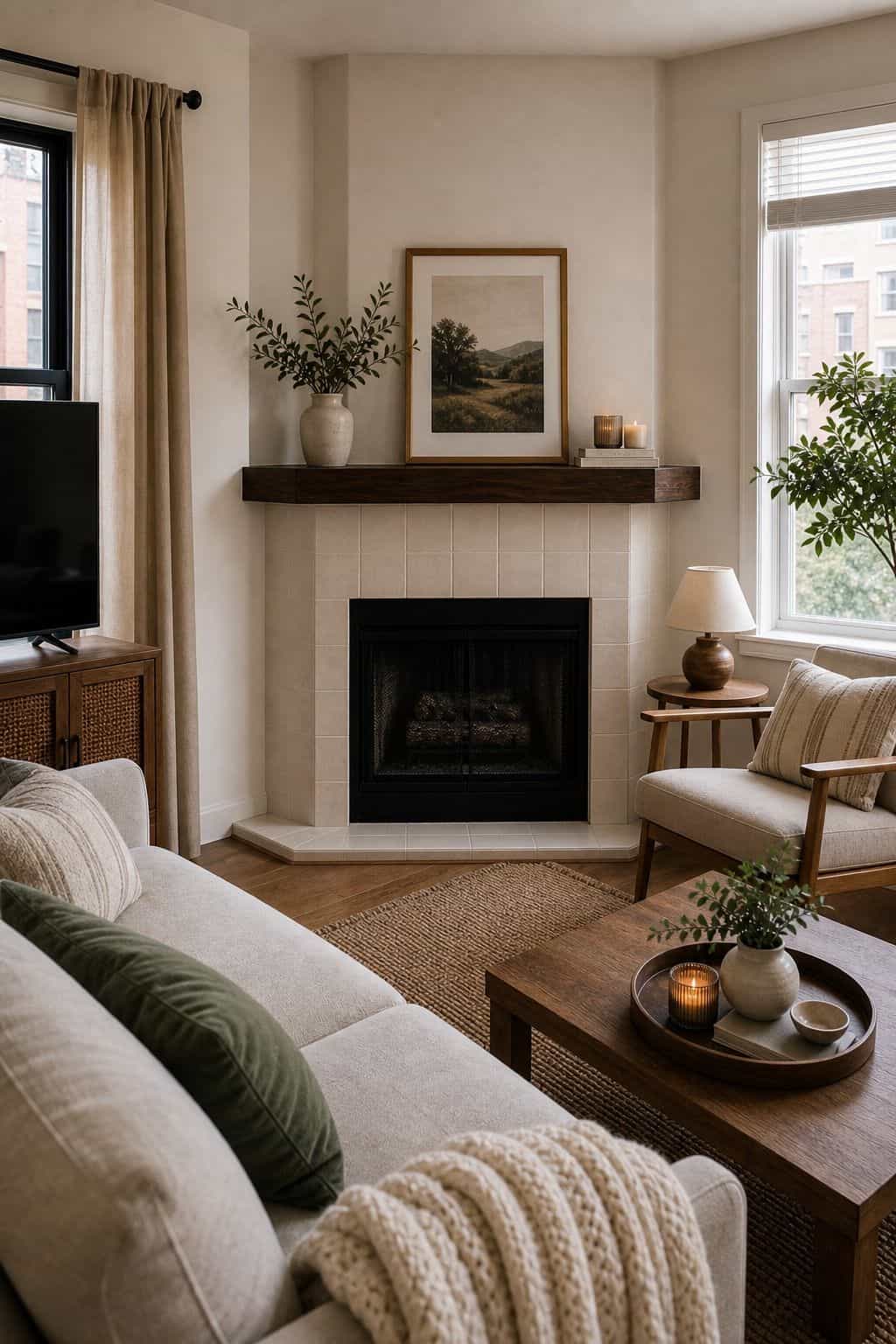 Fireplace-as-Focal-Point small apartment idea for Top 17 Corner Fireplace Decor Ideas for Small Apartments.