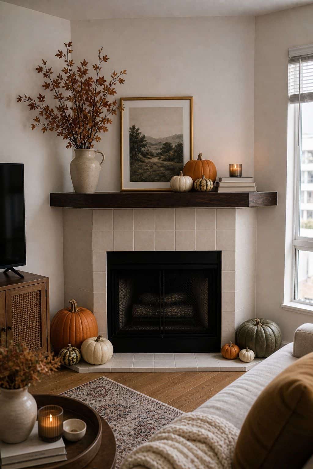 Fall Pumpkins small apartment idea for Top 17 Corner Fireplace Decor Ideas for Small Apartments.