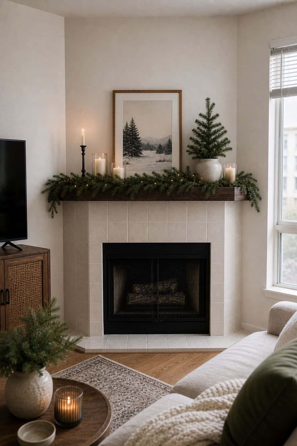 Winter Evergreen small apartment idea for Top 17 Corner Fireplace Decor Ideas for Small Apartments.