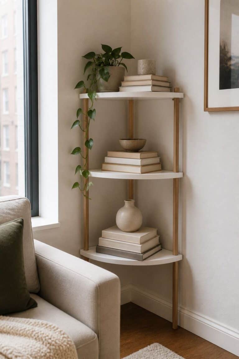 Stacked Books small apartment idea for Top 17 Corner Shelf Decor Ideas for Small Apartments.