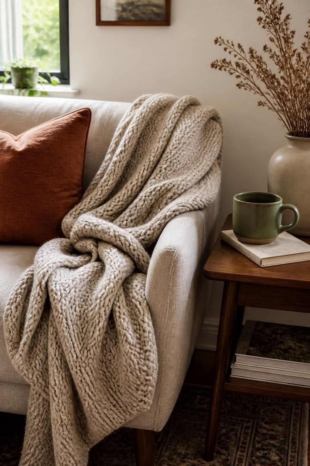 5. Add a Chunky Knit Throw - cozy small apartment decorating ideas