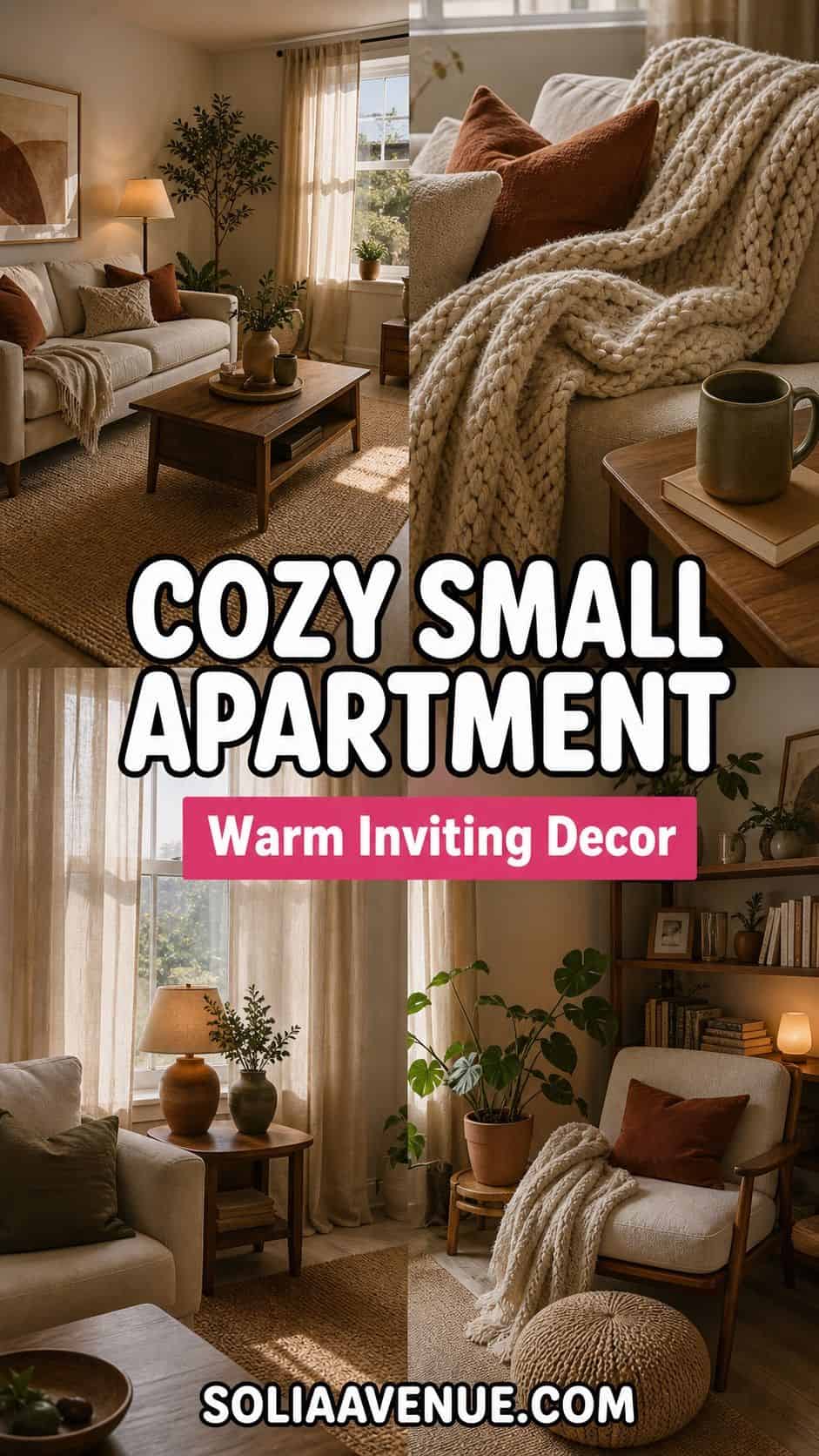 Pinterest pin for cozy small apartment decorating ideas with warm inviting apartment decor scenes