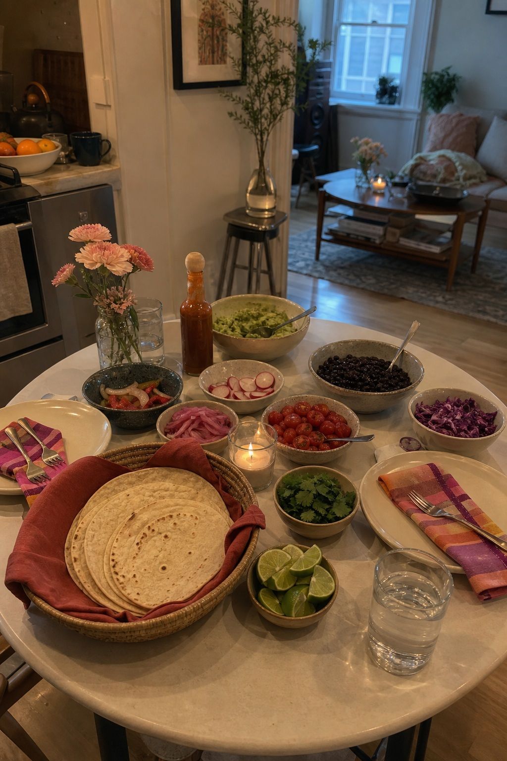 Taco-Bar Dinner small apartment idea for Top 18 Dinner Hosting Ideas to Turn an Ordinary Night into an Event.