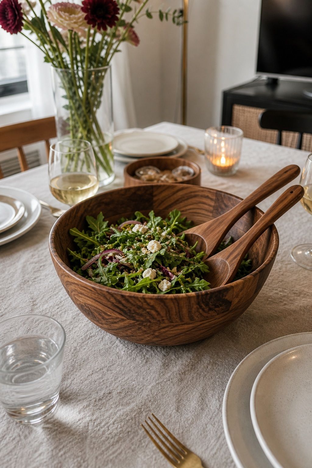 Acacia Salad Bowl with Servers small apartment idea for 20 Dinner Party Essentials Every Host Should Have From Amazon.