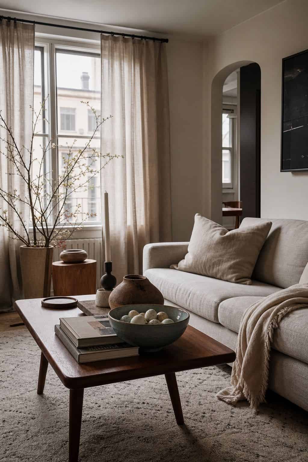 Neutral Easter living room decor with a walnut coffee table and speckled eggs