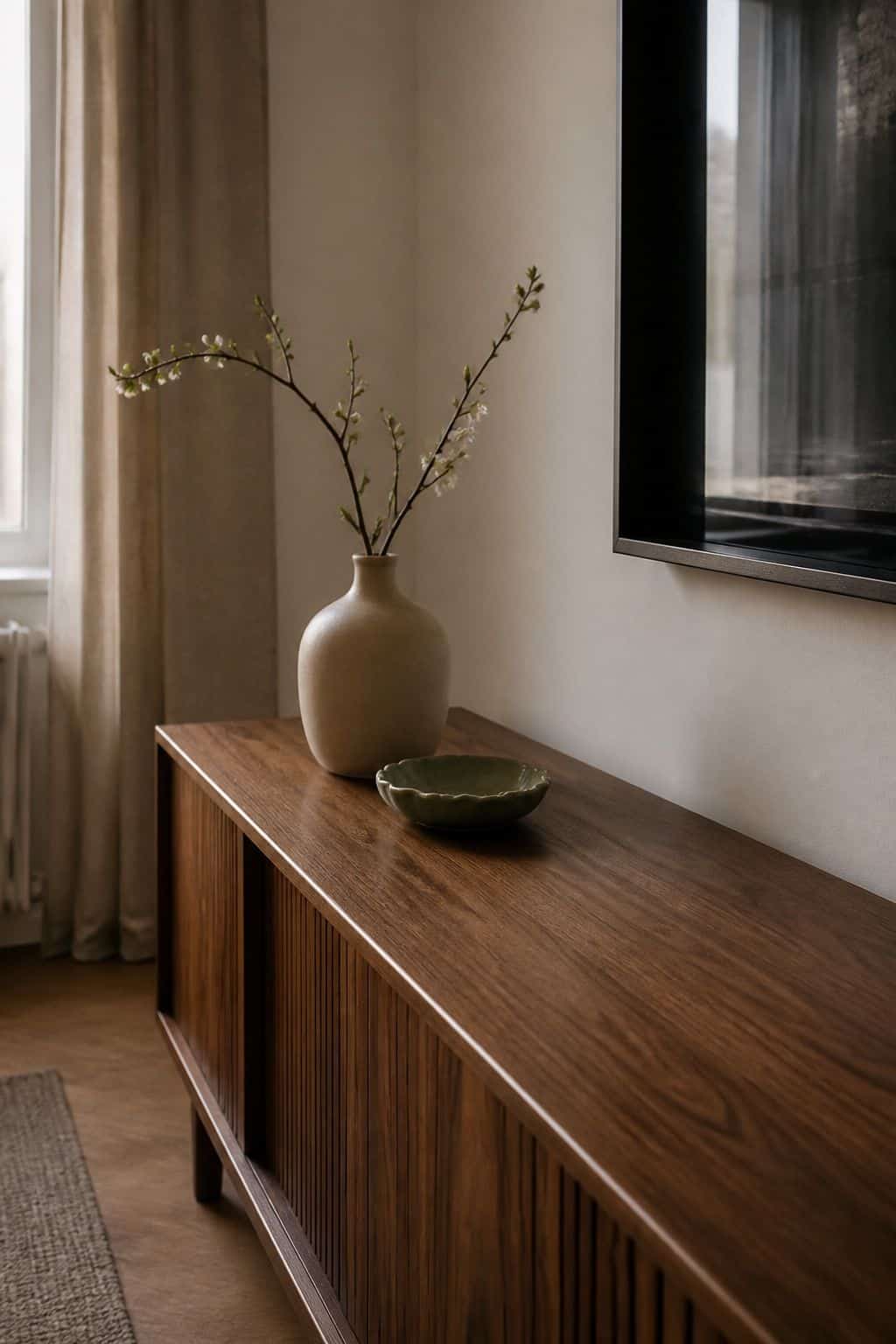 Minimal Easter console table with branches, a walnut cabinet, and a green catchall