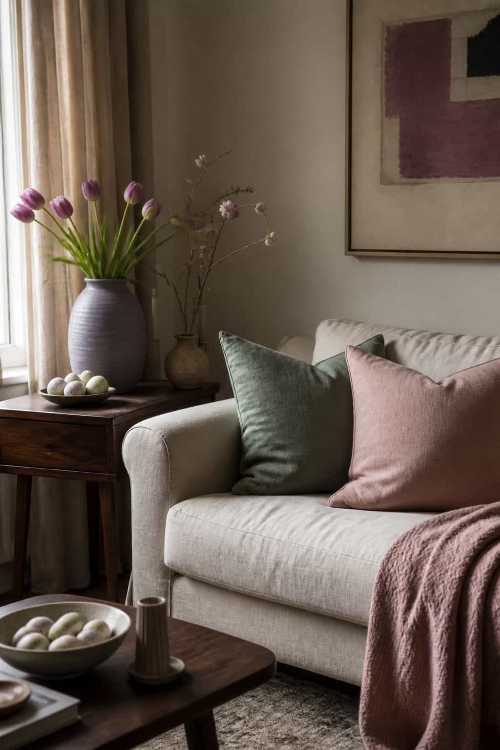 Spring living room with blush pillows, sage accents, lavender tulips, and Easter eggs