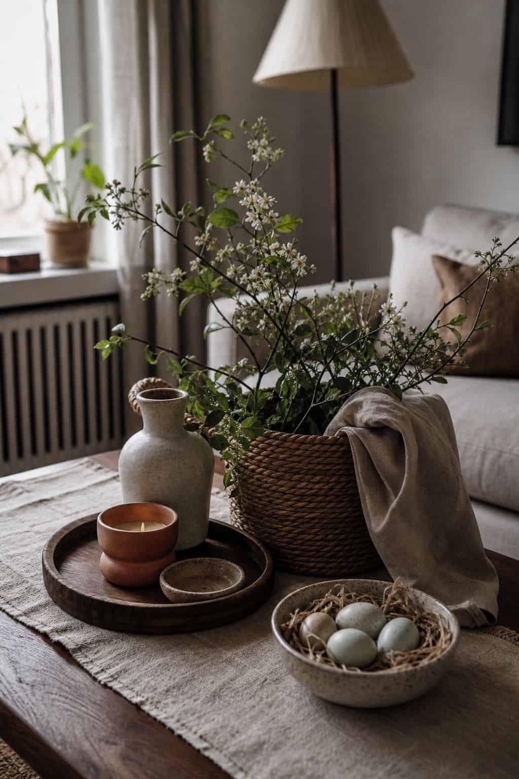 Natural Easter coffee table decor with woven basket, stoneware, linen, and eggs
